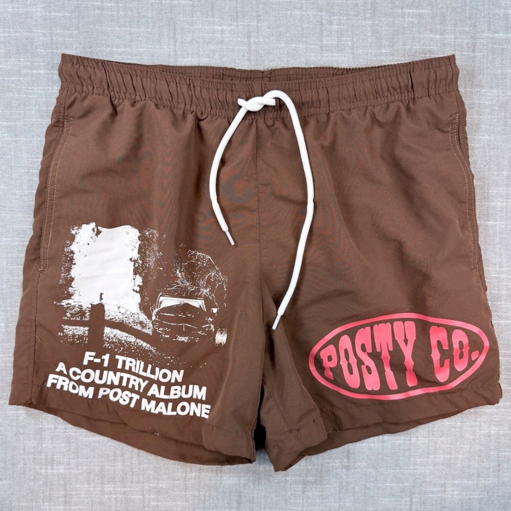 Post Malone F-1 Trillion Country Album Swim Shorts Brown Posty Co Small